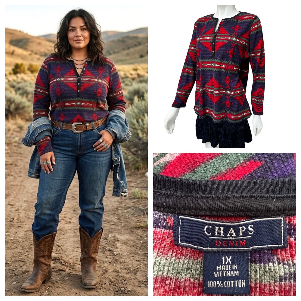 Chaps‎ Denim Womens 1X Southwestern Aztec Thermal Henley Shirt Purple Red Cotton